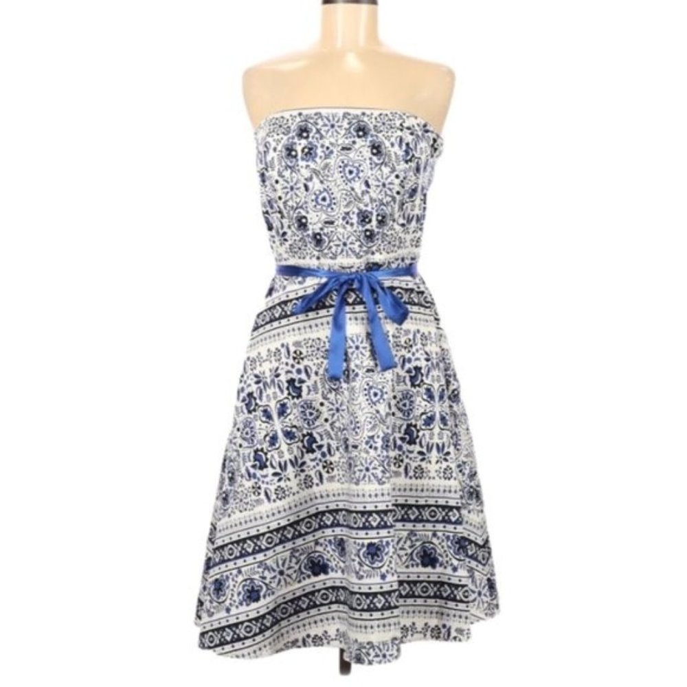 Spense Strapless Floral White Blue Dress A-line 6